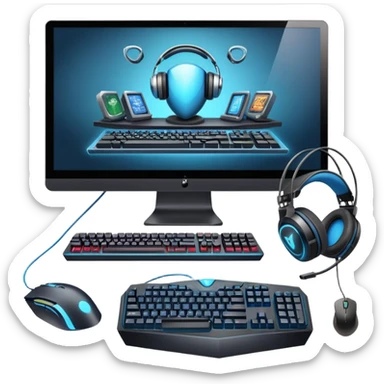 An icon featuring a gaming setup with a high-tech monitor displaying a competitive game, a keyboard, and a gaming mouse. The design includes a headset and a trophy, symbolizing victory and skill in esports. Transparent background highlights the energy and precision of professional gaming. sticker