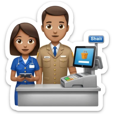 Supermarket employee at a cash register, full body, serving a man sticker