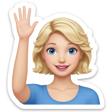 Girl Blonde short wavy hair,  blue eyes, cute blue top, long lashes, pink lips, smiling, one hand in the air sticker