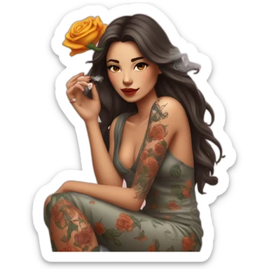femme brune qui fume une cigarette avec tatouages de fleurs sur les bras sticker