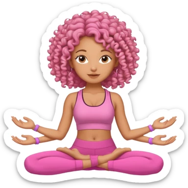 Uma mulher de cabelo cacheado, usando roupa de yoga rosa, em uma posição de yoga bonitinha sticker