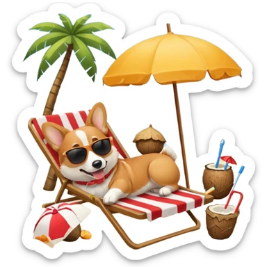 a corgi dog laied on a beach chair, a sunny beach, a sun umbrella, and beach coconut trees. the icon should capture the essence of a relaxing beach vacation with a carefree atmosphere sticker