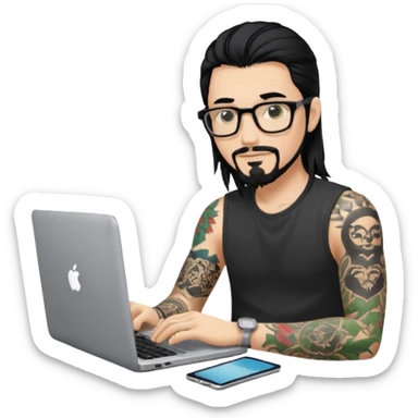a young man with long black hair, with goatee, wearing glasses sitting with a laptop, tattoo inyout arms sticker