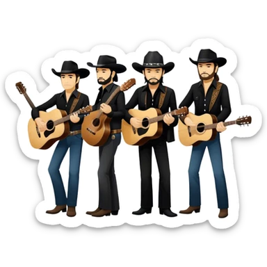 Icon for Country Music: The Highwaymen group, featuring silhouettes of Johnny Cash, Willie Nelson, Waylon Jennings, and Kris Kristofferson with guitars and cowboy hats. A subtle western backdrop with music notes reflects the spirit of classic country. Transparent background. sticker