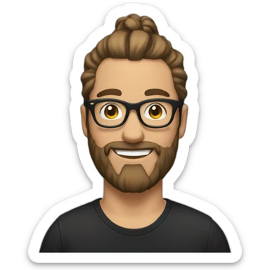 White Man with clear glasses with brown hair and a black tshirt and a man bun and beard sticker