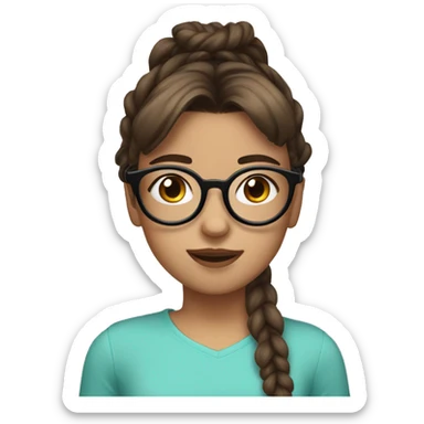 girl with oversized glasses and brown hair with bangs and a pony tail in a scrunchie sticker