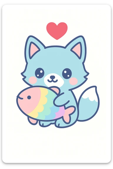 Add a red heart above the blue fox and rainbow fish in kawaii cartoon style. sticker