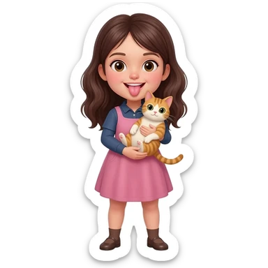 Girl showes her tongue. There is a cat in her arms sticker