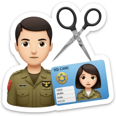 Floating black Scissors cutting in half an idf soldier ID card with a little chip in 2 parts .hyper realistic sticker