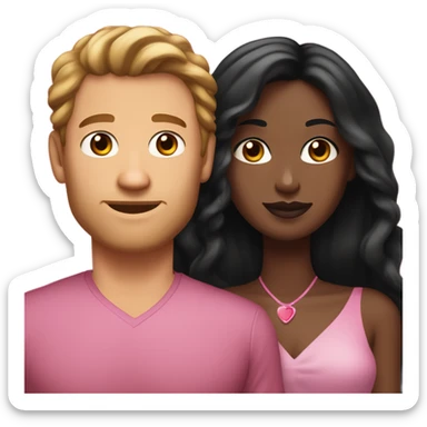 A handsome white man who has long brown hair and tanned skin with a pretty black woman who has long black hair and she is wearing a pink dress and they are a couple sticker