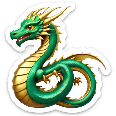 Cinematic Noble Dragon Portrait Emoji, Poised and majestic, with a sinuous, elongated build and shimmering, scale-covered skin in hues of emerald and gold, piercing, fiery eyes, Simplified yet sharp and sophisticated features, highly detailed, glowing with a mystical, radiant glow, high shine, intelligent and formidable, stylized with an air of ancient power, focused and attentive, soft glowing outline, capturing the essence of a watchful and legendary dragon that feels as though it could soar out of the screen with effortless authority! sticker