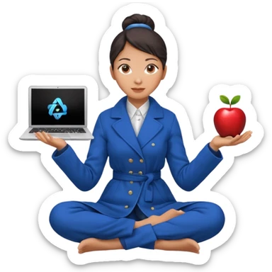 emoji of an asian woman with a single bun in a long blue coat sitting cross legged with dna levitating above one hand and an apple laptop above the other hand sticker