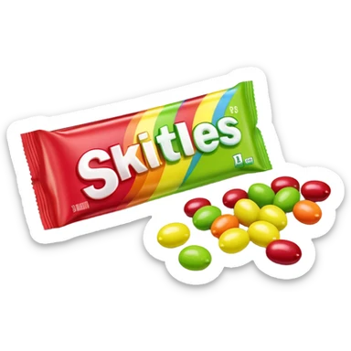 Regular rainbow-colored Skittles package with the standard logo and design, but only lime green Skittles candies spilling out sticker