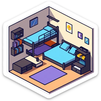 isometric view of teen bedroom layout with gaming setup, bed, and bookshelf sticker