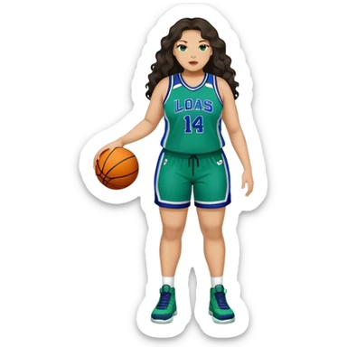 Full Body light skin Latino plus size full figured women basketball player with long wavy dark hair  full face  wearing blue and green uniform sticker