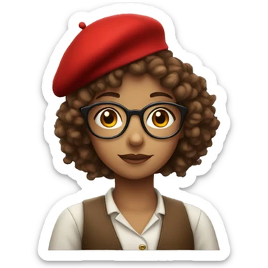 Curly haired girl with glasses and red beret sticker