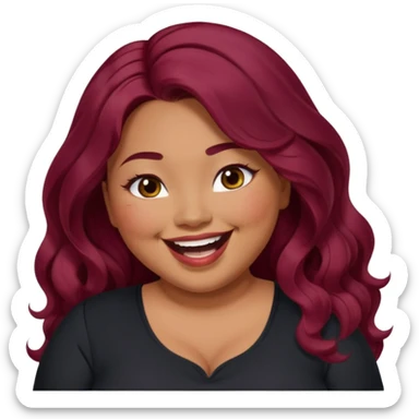 Plus size red hair brown face small eyes long hair Asian eyes small eyes wavy hair eye lashes burgundy hair black shirt laughing small slanted eyes sticker