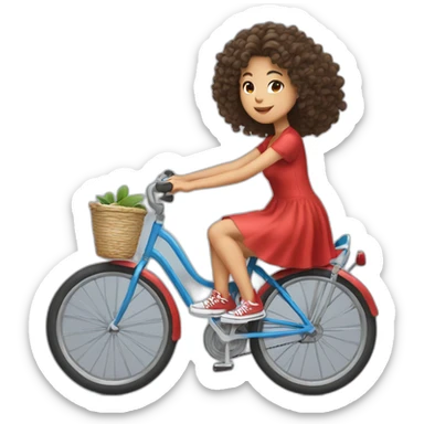 Taiwanese girl with lazy curly hair wearing red dress and converse shoes riding bicycle sticker