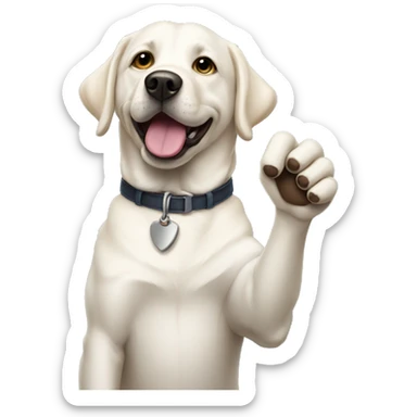 a white lab holding up a middle paw sticker