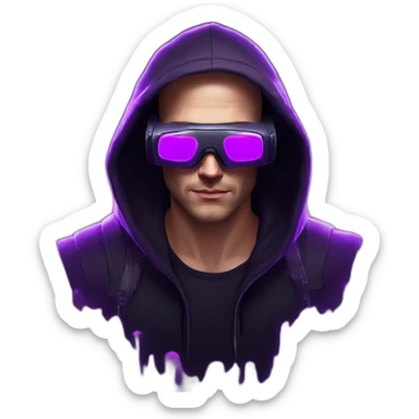 Russian man in the black hoody with violet OMG VR logo on it wearing vr headset. Cyberpunk style. Violet neon. sticker