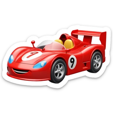 A red toy race car with a happy smiling face on the front sticker