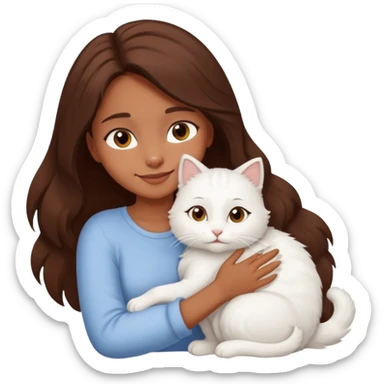 A brown skinned brunette girl hugging a white cat sticker