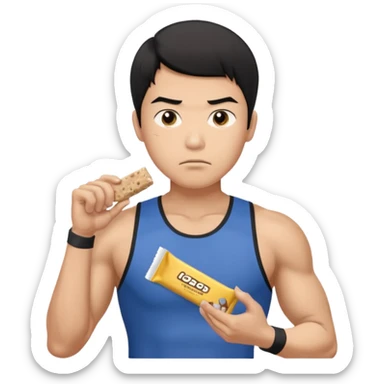 A asian male athlete holding a protein bar and frowning deeply sticker