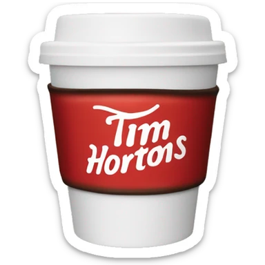 “Red Tim Hortons coffee cup with large white ‘Tim Hortons’ logo in script, black plastic lid, and a simple, clean design.” sticker