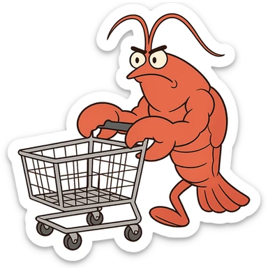 strong lobster pushing a shopping cart, transparent background sticker