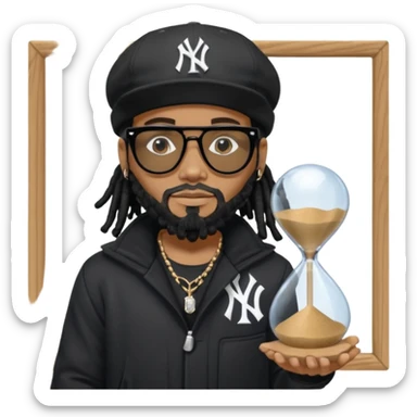 African American Man with shoulder length black dreadlocks with black beard wearing black sunglasses wearing a black bubble winter coat and a New York Yankees logo baseball cap holding a hourglass sticker