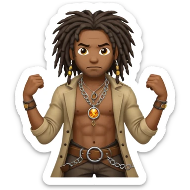 a angry black man with dreads and a circle pendant chain to the side slanging back and forth a belt sticker