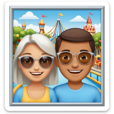 a photo in a silver frame, of 2 friends in a theme park sticker