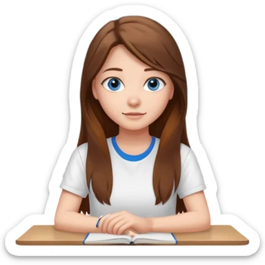 high school class room with a pretty female high school student with long brown hair, blue eyes sitting in front of the blackboard sticker