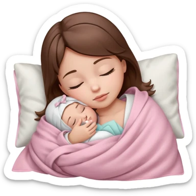 Sleeping child with brown hair wrapped in a light pink blanket with a white bow over the blanket sticker