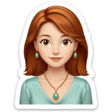 young elegant lady, shoulder-length auburn hair, silk blouse, gold pendant, warm smile sticker