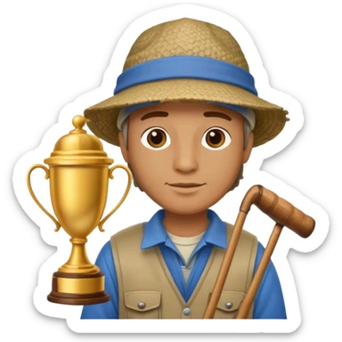 fisherman with a trophy cup, wearing a fishing hat sticker