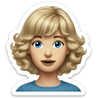Medium length Dirty blonde poofy hair with bangs all across forehead and sides swept away from face woman of 60 with blue eyes  sticker