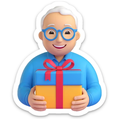 3D smiley emoji, round shape, grandfather with gift, blue color, smiling face sticker