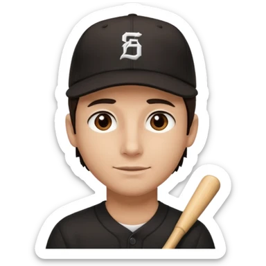 male, dark brown hair, dark brown eyes, fair skin, black baseball hat, no smile sticker