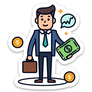 Finance expert businessman with briefcase, stock market chart, and money sticker