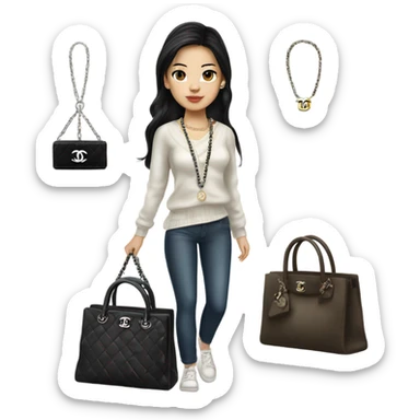 Realistic Dark hair Chanel Asian Girl with Birkin bag and Chanel necklace sticker