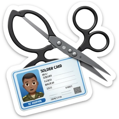 Floating black Scissors cutting an idf soldier ID card in 2 parts .hyper realistic sticker