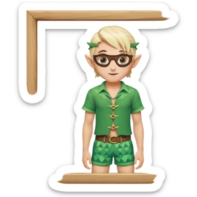 elf male legolas portrait, patterned board shorts (geometric/abstract), unique wooden-framed sunglasses, undercut hairstyle, slight smirk, visible pointy ears, no background, centered emoji, hipster summer vibe sticker