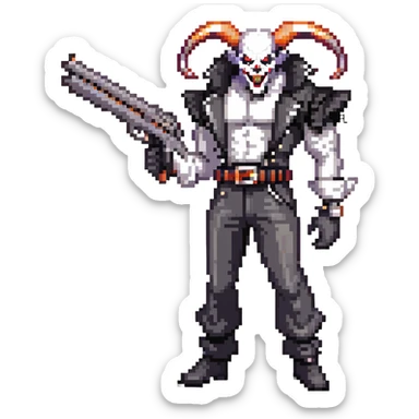full-body muscular demonic clown in a black and white leisure suit with bellbottom pants, bald, with black ram horns, flashy black and white belt, ruffled white shirt, no neck tie, large fangs, holding a very large futuristic rifle sticker