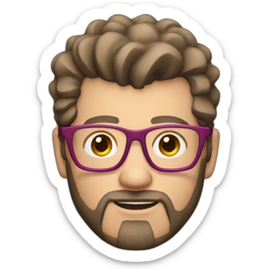 white man with brown beard and pink mohawk haircut and thick glasses wearing a leather coat sticker