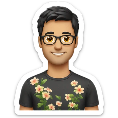 german guy with short dark hair wearing glasses and dark t-shirt with flowers print sticker