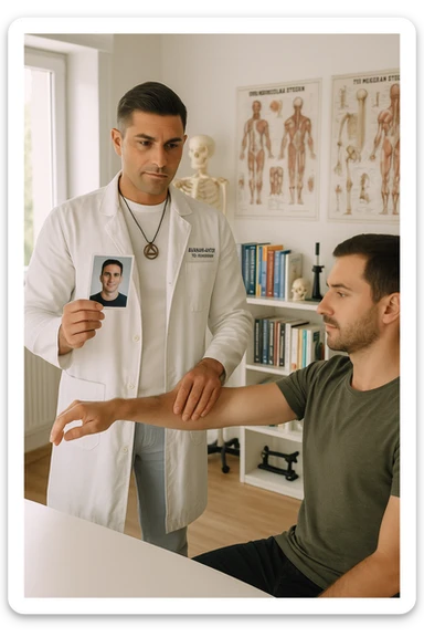 a middle-aged man, dressed in casual professional attire, is in a bright, organized therapy studio. Durante una visita di kinesiologia, il ragazzo tiene con una mano la foto di una persona lontana (il “testimone”) tiene la foto in mano, mentre con l’altra mano esegue un test muscolare su un cliente presente senza foto. Sullo sfondo si vedono libri di kinesiologia, poster anatomici e strumenti tipici della disciplina. L’atmosfera è concentrata e serena, con luce naturale che entra dalla finestra, sottolineando l’aspetto alternativo e umano della pratica. sticker