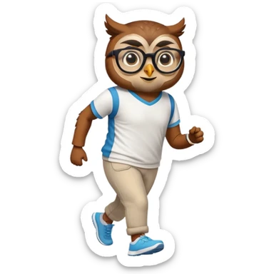 friendly anthropomorphised owl in pants and a shirt, wearing glasses, jogging upright, relaxed pose sticker