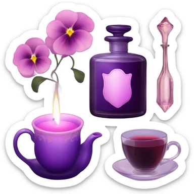 A cozy aesthetic: a dark purple candle in a glass jar, pink pansies, a violet vintage perfume bottle, and a pink cup of steaming tea. sticker