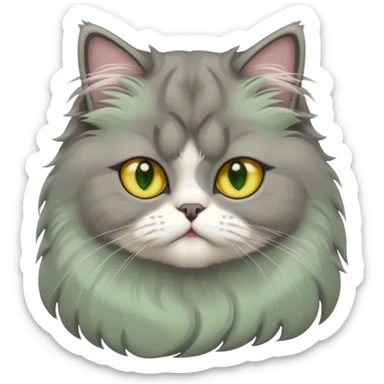 cute Persian cat with long gray fur, white patch on forehead and white chest, big yellow-green eyes, different position, emoji style sticker